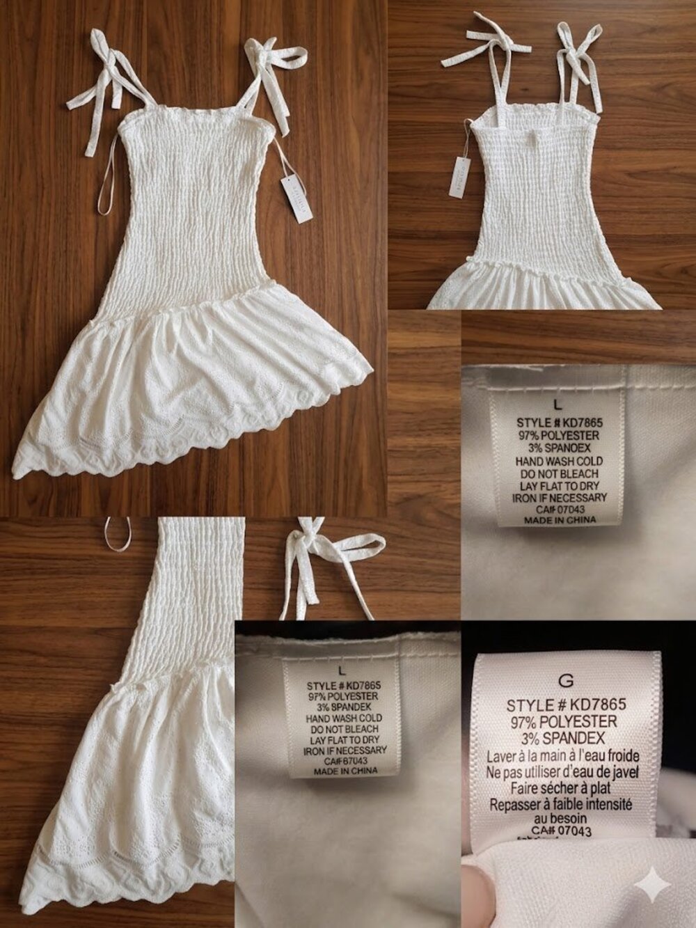 Kirious LA White Smocked Eyelet Tie-Strap Mini Dress Size L  NWT